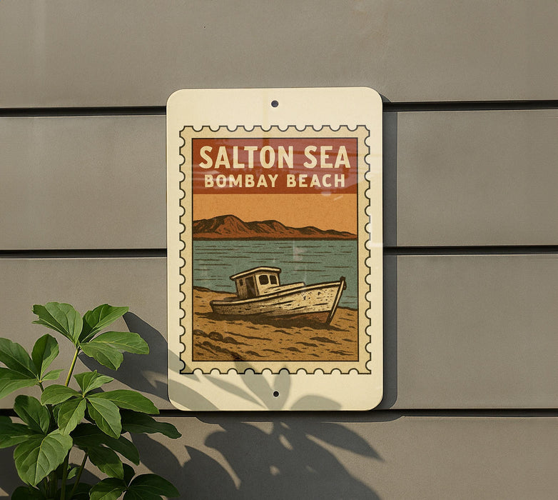 A sign for Salton Sea, Bombay Beach, featuring a vintage-style illustration of a boat on a beach.