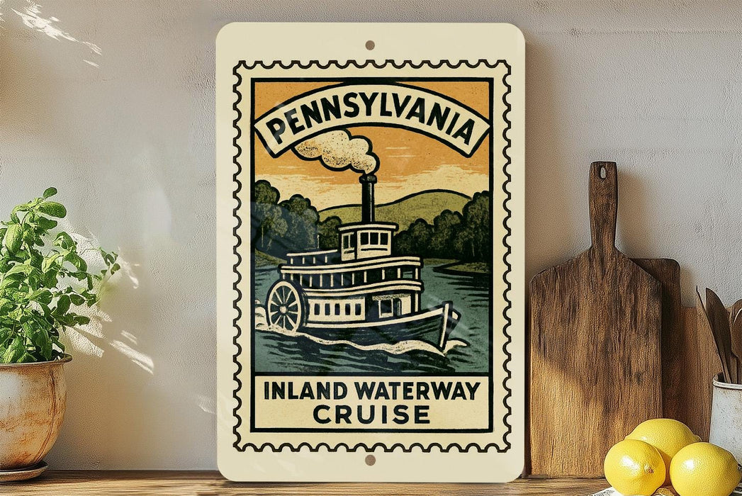 A framed poster of a steamboat on the Inland Waterway Cruise, with the text "Pennsylvania" and "Inland Waterway Cruise" printed on it, is displayed on a shelf next to a wooden cutting board and some lemons.