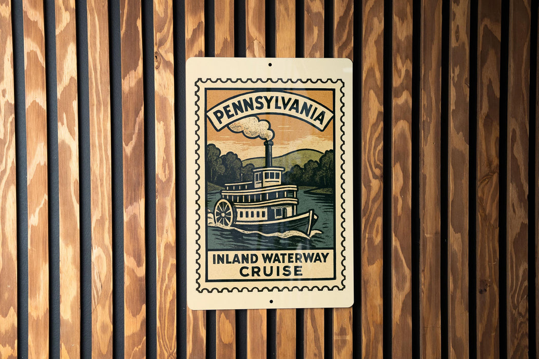 A sign for the Pennsylvania Inland Waterway Cruise, featuring a steamboat illustration.