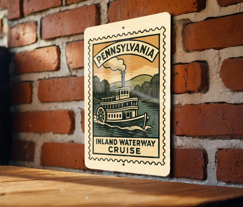 A sign for the Pennsylvania Inland Waterway Cruise, featuring a vintage-style illustration of a steamboat on a river.