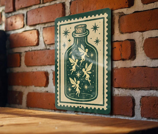 A green and white sign featuring a fairy illustration is mounted on a brick wall.