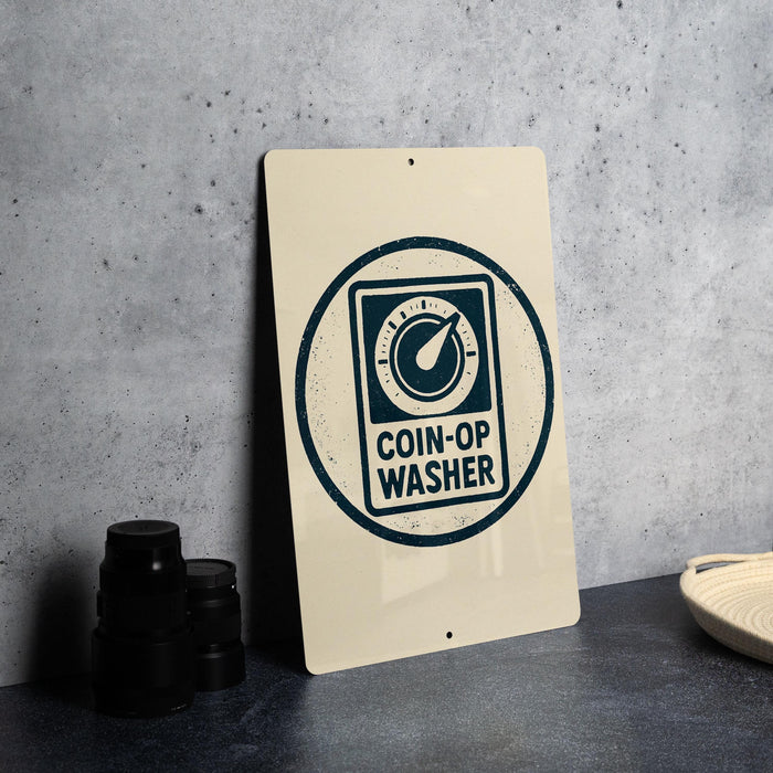a sign that reads "COIN-OP WASHER" with a circular symbol on it.