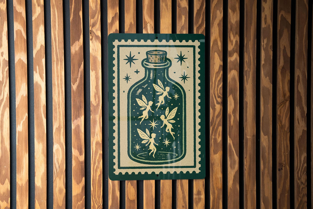 A green and white sign with a fairy illustration is displayed on a wooden wall.