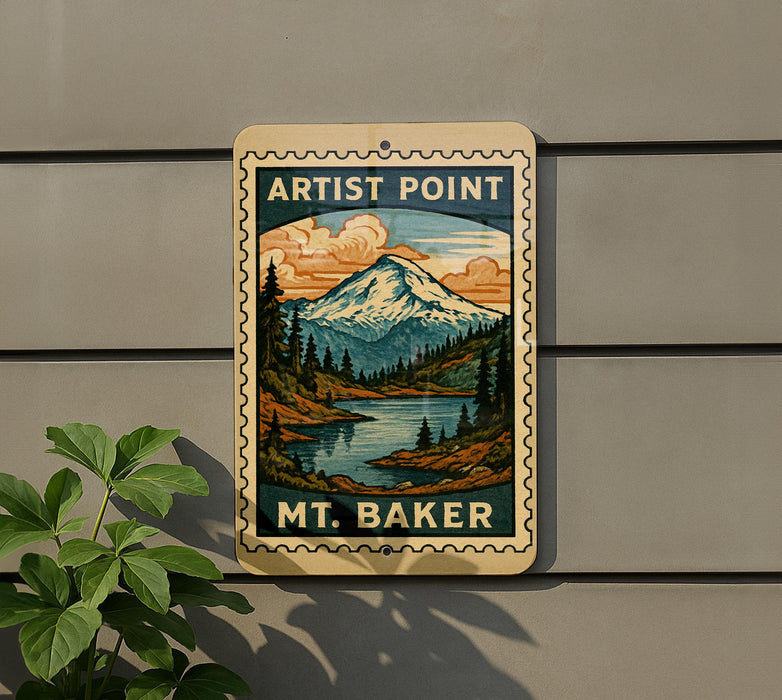 A vintage-style sign for "Artist Point" featuring a mountain landscape with a lake, mounted on a wall next to a plant.