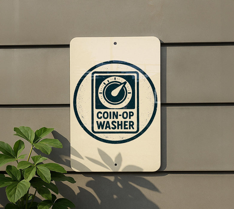 a sign that reads "COIN-OP WASHER" with a circular symbol of a coin and a washing machine.