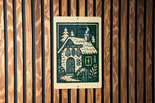 A wooden wall with a sign featuring a black and white illustration of a cabin with a chimney, surrounded by trees and bushes.