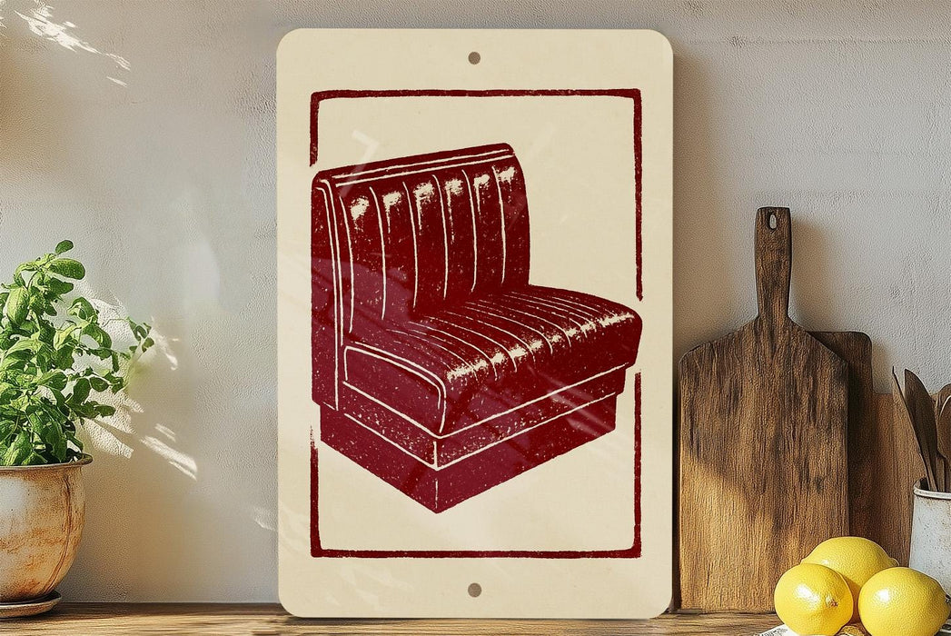 a red booth-style chair with a wooden cutting board and a potted plant to the left.