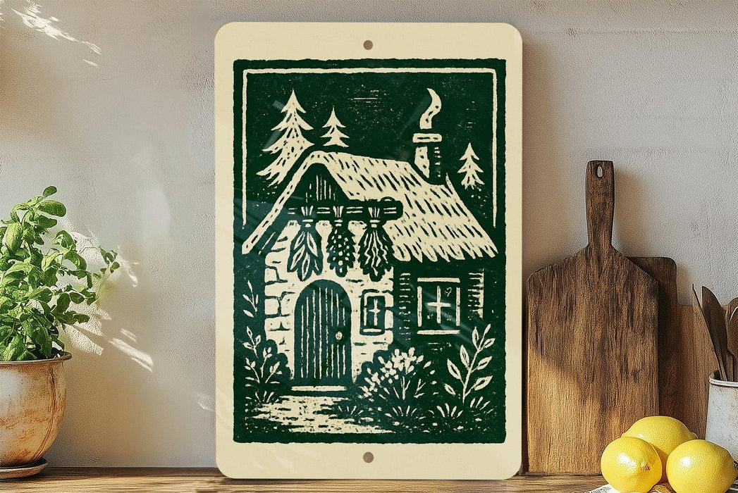 a wooden sign with a green and white illustration of a house, surrounded by trees and plants, placed on a wooden shelf next to a wooden cutting board and some potted plants.