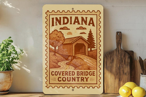 a wooden sign with the text "INDIANA COVERED BRIDGE COUNTRY" and an illustration of a covered bridge in a rural setting.