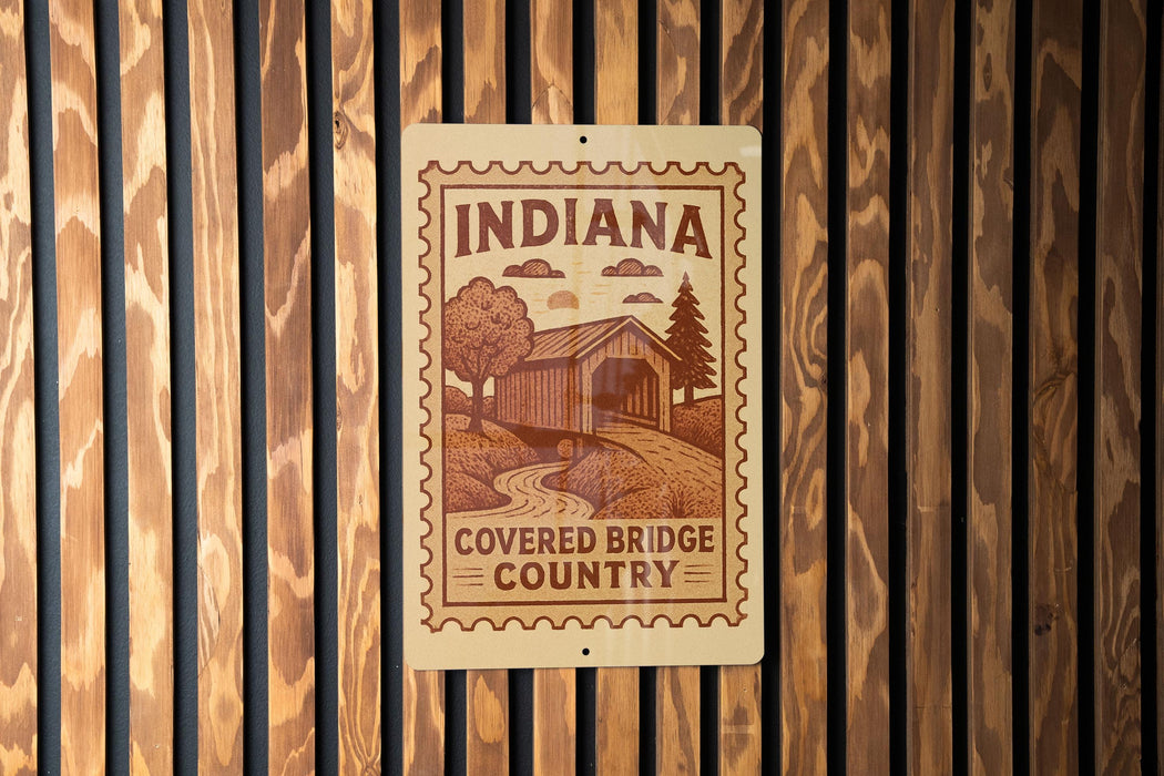 A sign that reads "Indiana" and "Covered Bridge Country" is displayed on a wooden wall.