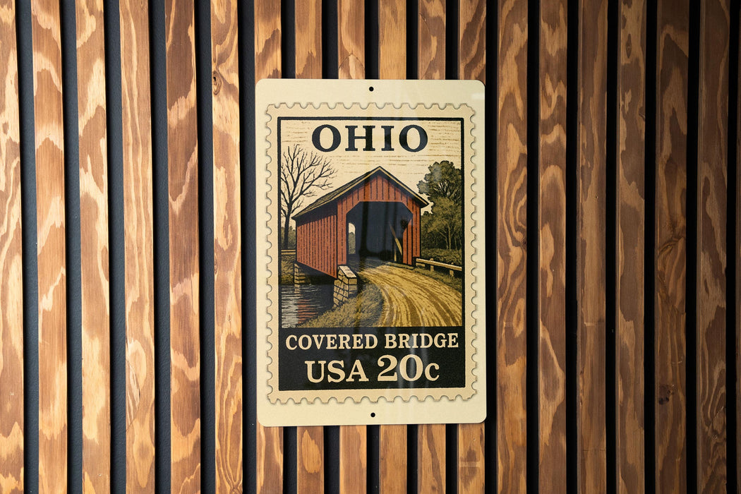A metal sign with a wooden background, featuring an illustration of a covered bridge and the text "OHIO COVERED BRIDGE USA 20c".