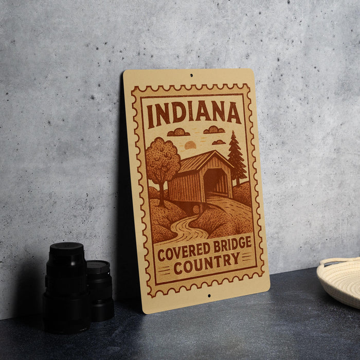a sign that reads "Indiana" and "Covered Bridge Country", with a wooden bridge and trees depicted on the sign.