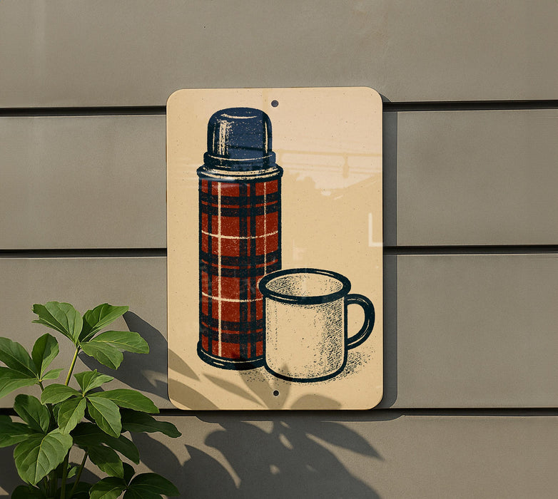 A sign featuring a red and black plaid thermos and a white coffee mug, mounted on a gray wall.