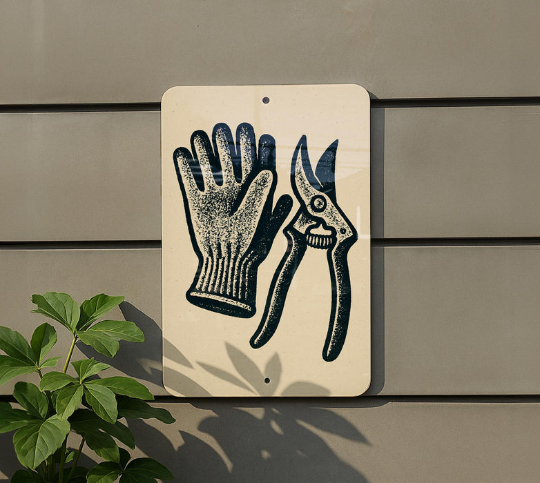 A sign with a pair of gardening gloves and pruning shears is displayed on a wall, with a plant visible to the left.