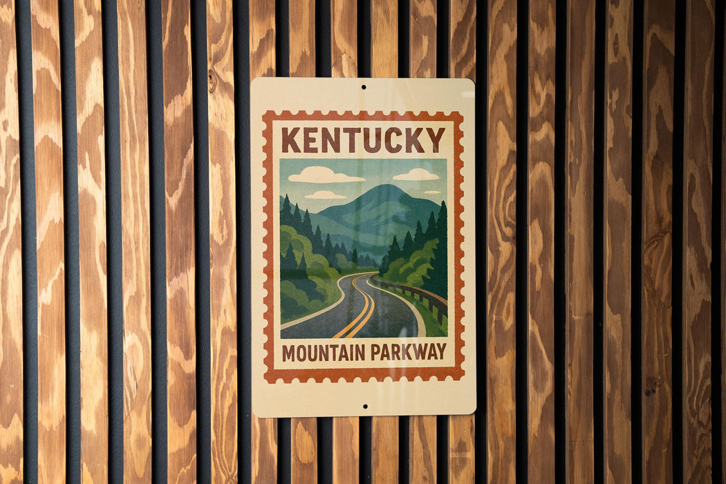 A sign for Kentucky Mountain Parkway is displayed on a wooden wall.