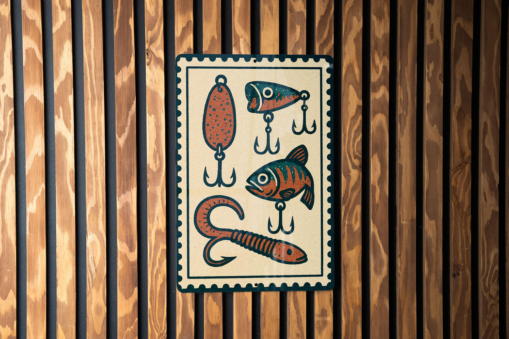 A sign featuring illustrations of fishing lures and fish on a wooden background.