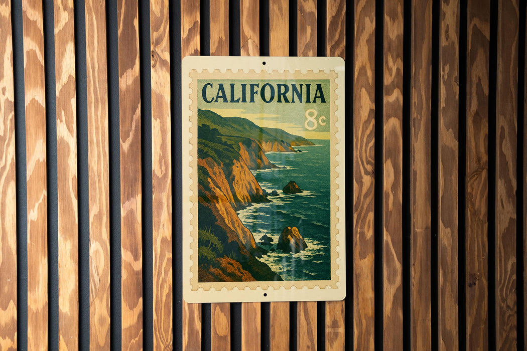 A California postage stamp is displayed on a wooden wall.
