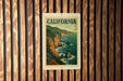 A California postage stamp is displayed on a wooden wall.