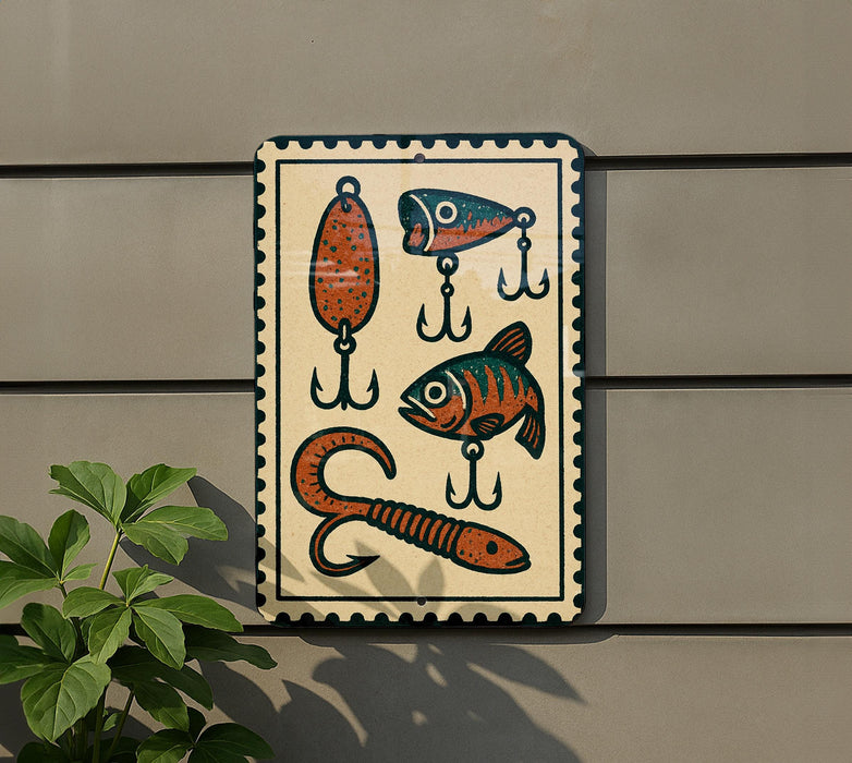 a sign with illustrations of fishing lures and fish, mounted on a wall next to a plant.