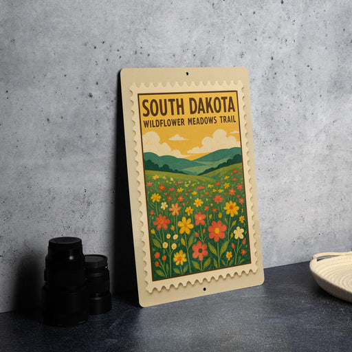 a framed poster of a field of flowers, with a border and a stamp-like appearance, placed on a countertop next to some black camera lenses.