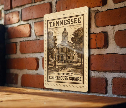 A metal sign with the text "TENNESSEE" and "HISTORIC COURTHOUSE SQUARE" is displayed on a brick wall.