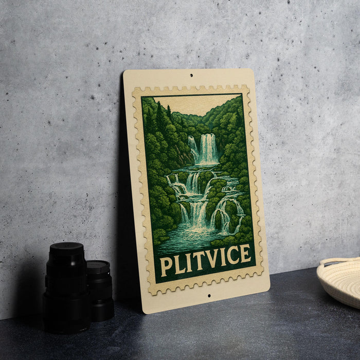 A framed illustration of a waterfall is displayed on a table, with a stamp-like border around it.