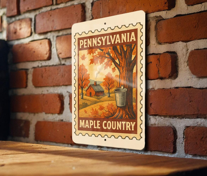 A metal sign with a vintage maple syrup illustration is mounted on a brick wall.