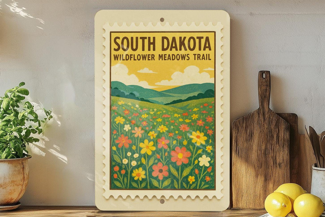 A framed poster of a field of wildflowers, with the text "SOUTH DAKOTA WILDFLOWER MEadows Trail" displayed prominently.