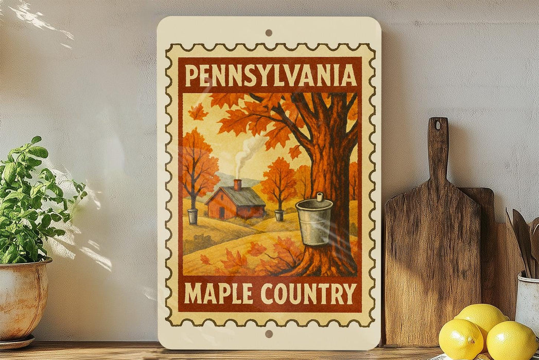 A framed poster of a maple syrup production scene from Pennsylvania, featuring a tree, a house, and a bucket, is displayed on a shelf next to a wooden cutting board and a potted plant.