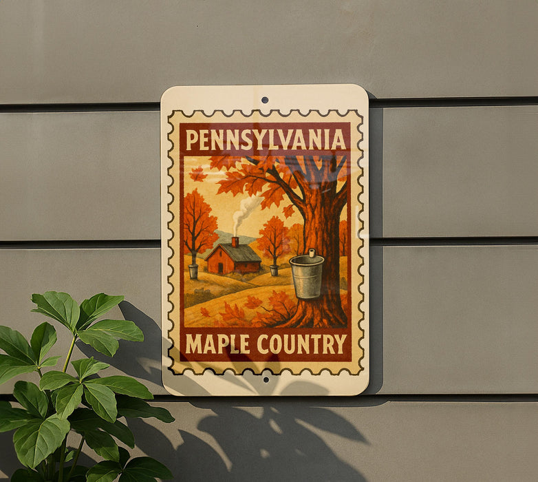 A sign for Pennsylvania Maple Country, featuring an illustration of a maple tree and a bucket, mounted on a wall.
