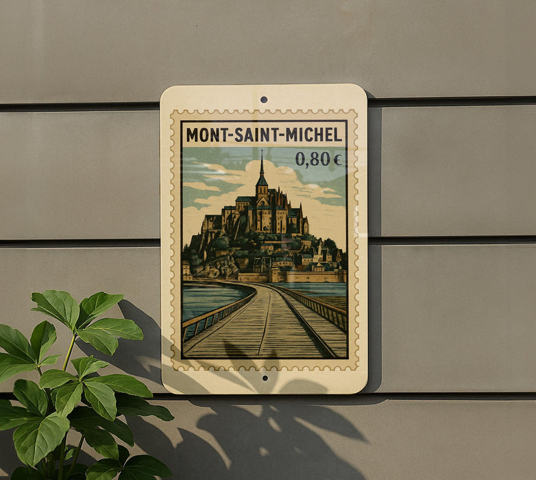A vintage-style postage stamp depicting the Mont Saint-Michel, a famous landmark in France, is displayed on a wall.