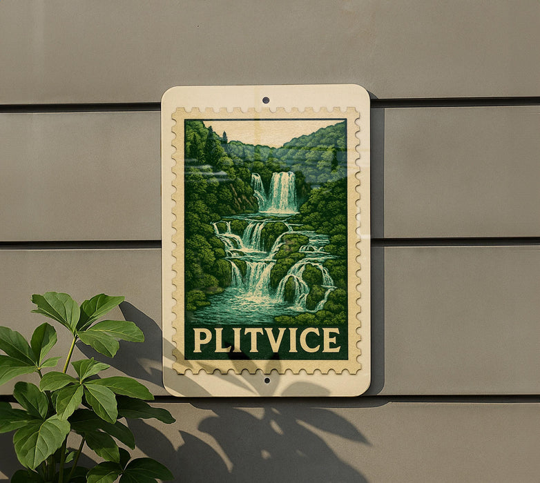 A framed image of a waterfall is mounted on a wall, with the word "PLITVICE" written below it.