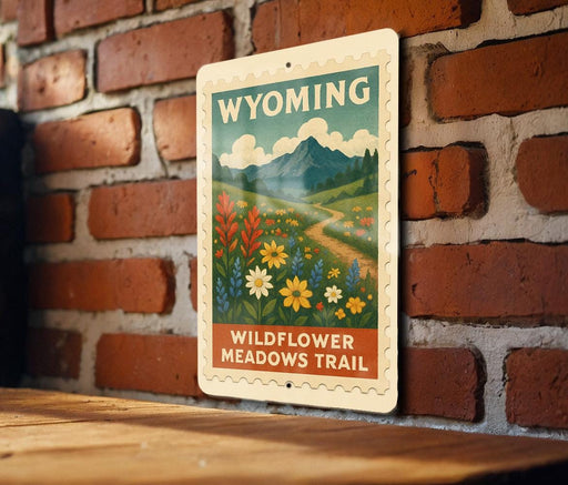 A vintage-style sign for the Wildflower Meadows Trail in Wyoming, featuring a scenic landscape with mountains, flowers, and a winding path.