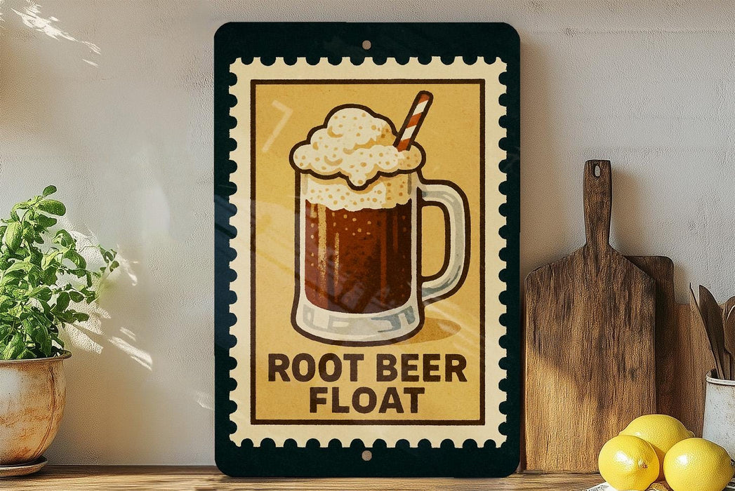 A framed illustration of a root beer float on a shelf, with a wooden cutting board and a potted plant nearby.