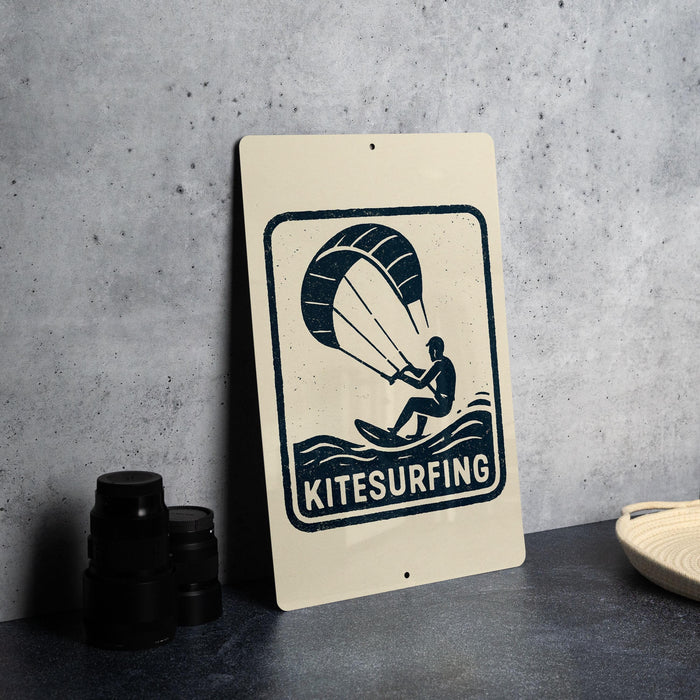 A sign for kitesurfing is displayed on a table, with a stack of black camera lenses and a woven basket nearby.