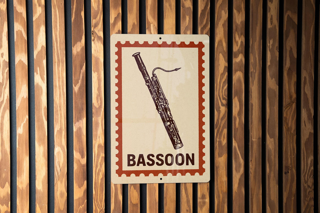 A sign with the word "BASSOON" on it, indicating the presence of a bassoon.