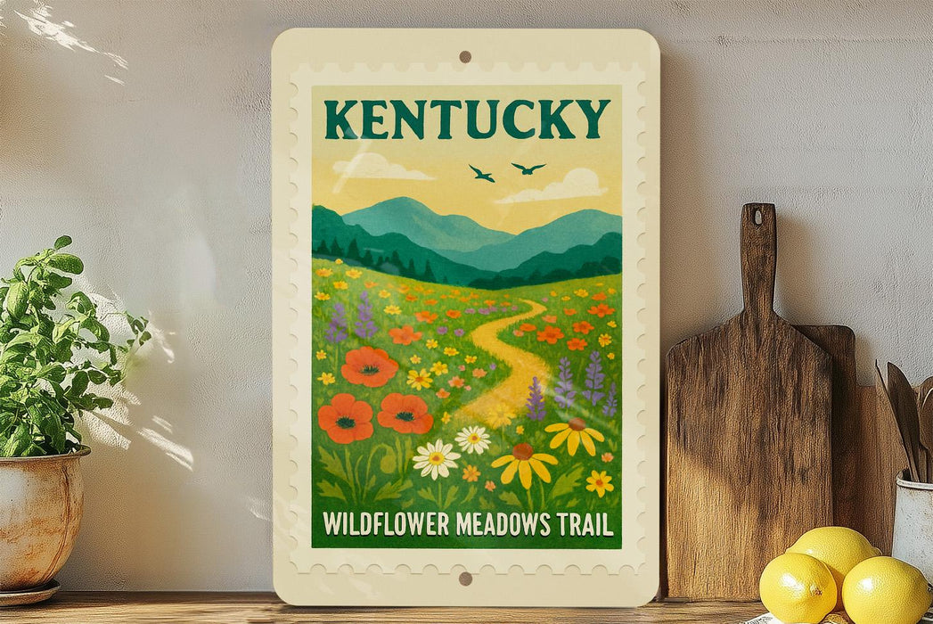 A framed poster of Kentucky's Wildflower Meadows Trail, featuring a vibrant illustration of a meadow filled with colorful wildflowers and a winding path leading through the landscape.