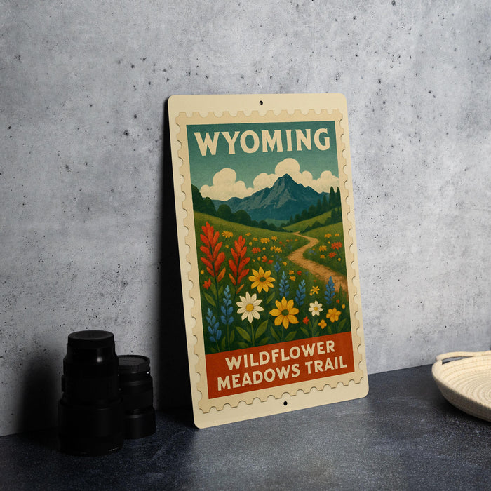 A metal sign with a colorful illustration of wildflowers and a mountain landscape, along with the text "Wyoming Wildflower Meadows Trail".