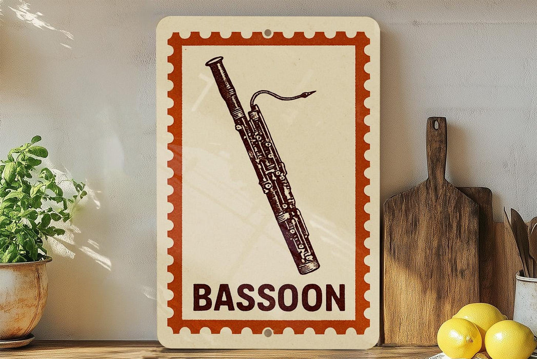 a vintage-style sign with a bassoon illustration, placed on a wooden surface next to a potted plant and a cutting board.