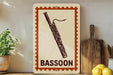 a vintage-style sign with a bassoon illustration, placed on a wooden surface next to a potted plant and a cutting board.