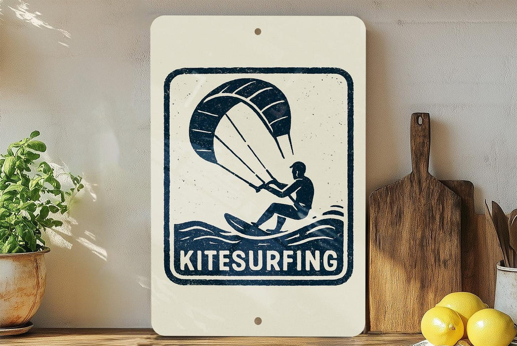 A sign that reads "Kitesurfing" is displayed on a shelf next to a potted plant and a wooden cutting board.