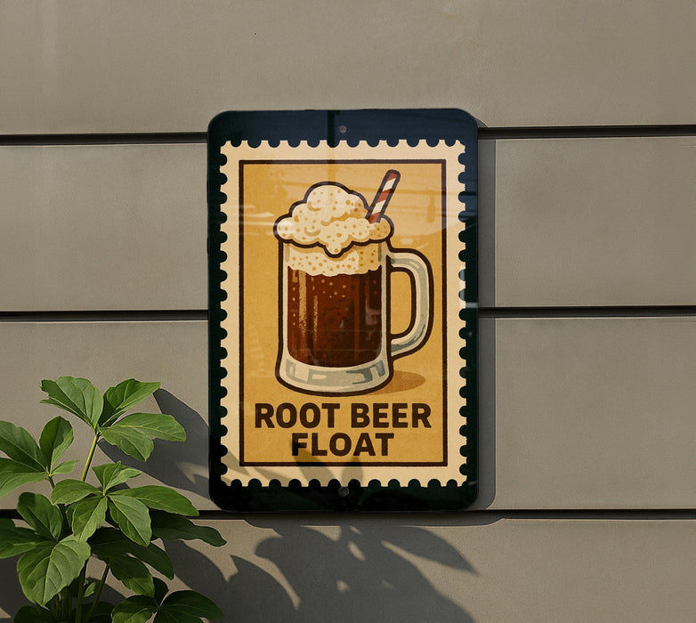 A sign with a picture of a root beer float on it, mounted on a wall.