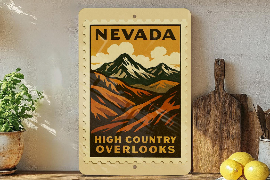 A framed poster of a mountain landscape with the text "NEVADA HIGH COUNTRY OVERLOOKS" is displayed on a shelf next to a wooden cutting board and a potted plant.