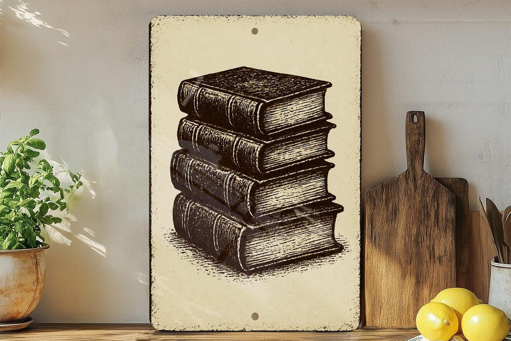 a stack of books on a shelf, with a wooden cutting board and a potted plant nearby.