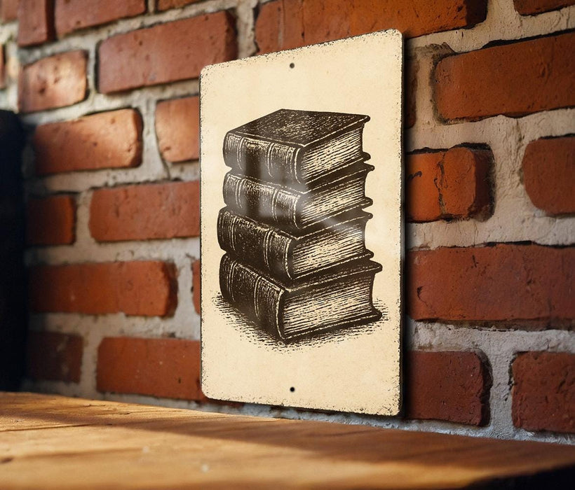 A sign with a stack of books on it is hanging on a brick wall.