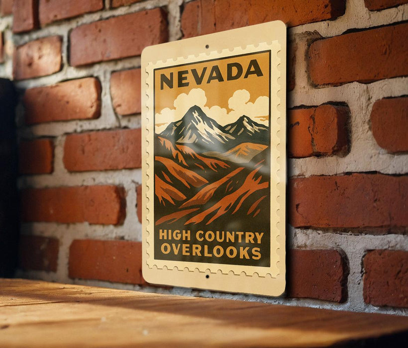 A vintage-style sign for Nevada, featuring a mountain landscape with clouds, mounted on a brick wall.