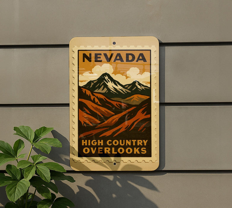 A vintage-style sign for Nevada High Country Overlooks, featuring a mountain landscape with clouds and text that reads "NEVADA HIGH COUNTRY OVERLOOKS".