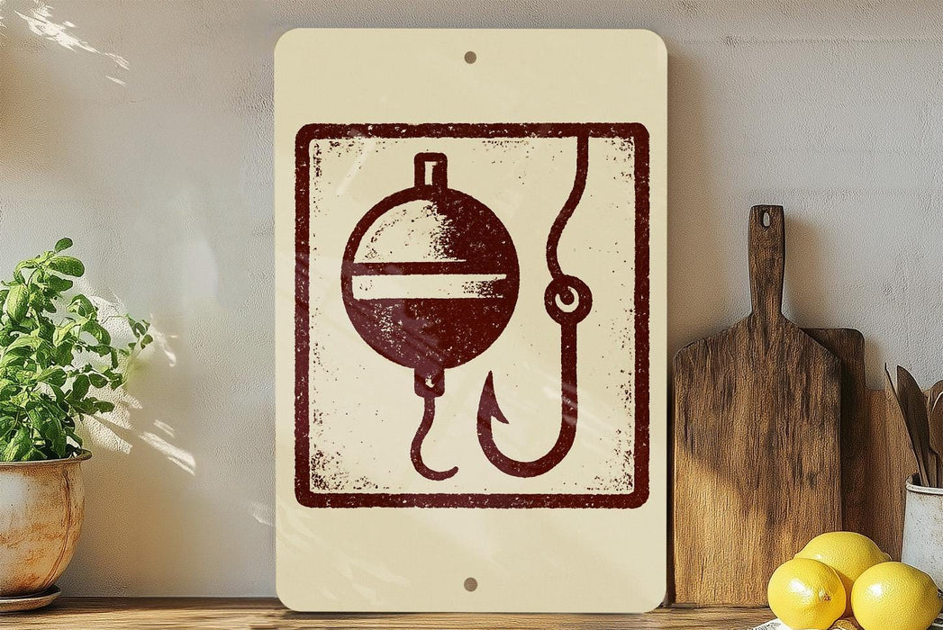 a sign with a fishing symbol, a hook, and a bobber, placed on a shelf next to a wooden cutting board and some lemons.