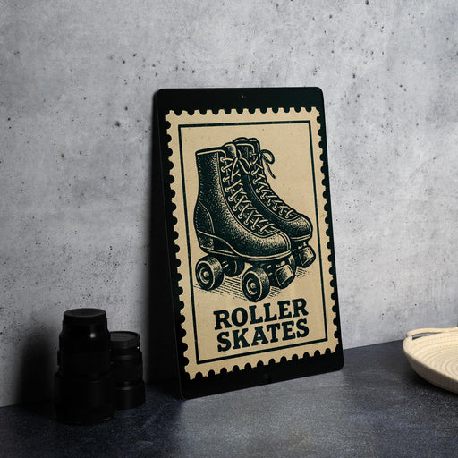 A framed image of roller skates is displayed on a wall, with the text "ROLLER SKATES" below the illustration.