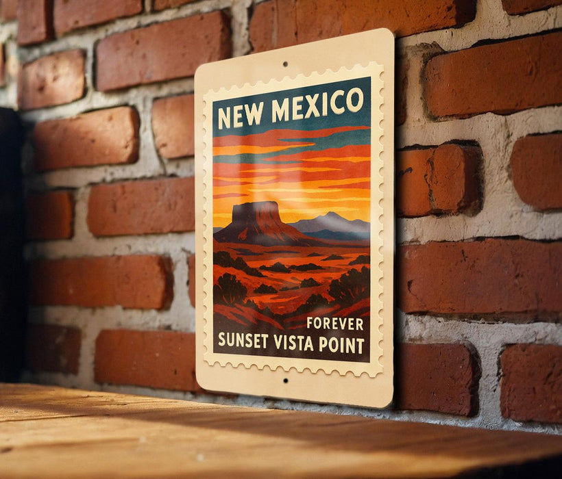 A vintage-style poster of the Sunset Vista Point in New Mexico, featuring a desert landscape with mountains in the background and a warm sunset sky.